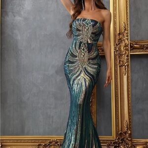 Strapless Teal and Gold Embellished Gown
